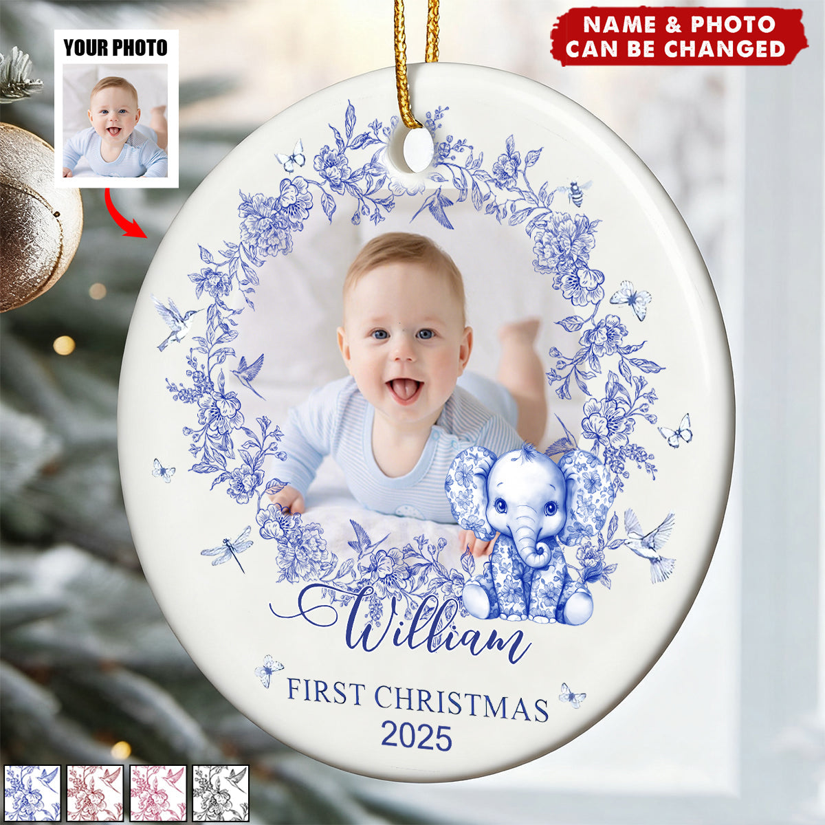 Personalized Baby's First Christmas Ornament With Photo Name & Year Toile De Jouy Design Timeless Gift For Baby Girl & Boy