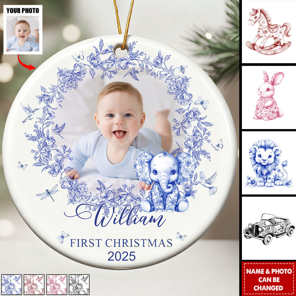 Personalized Baby's First Christmas Ornament With Photo Name & Year Toile De Jouy Design Timeless Gift For Baby Girl & Boy