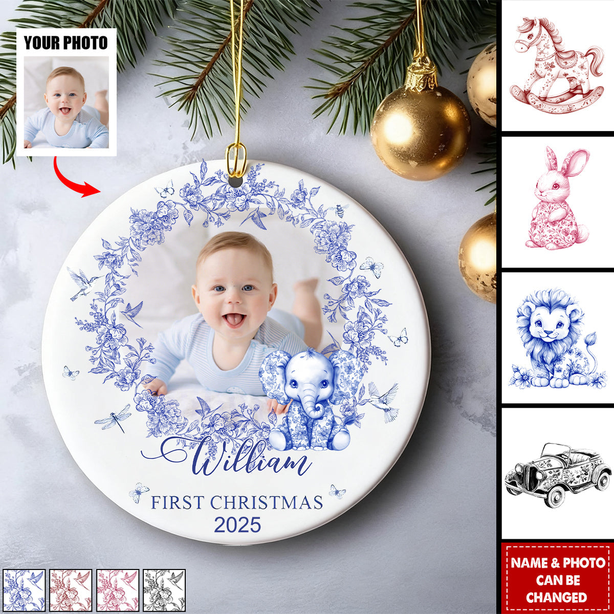 Personalized Baby's First Christmas Ornament With Photo Name & Year Toile De Jouy Design Timeless Gift For Baby Girl & Boy