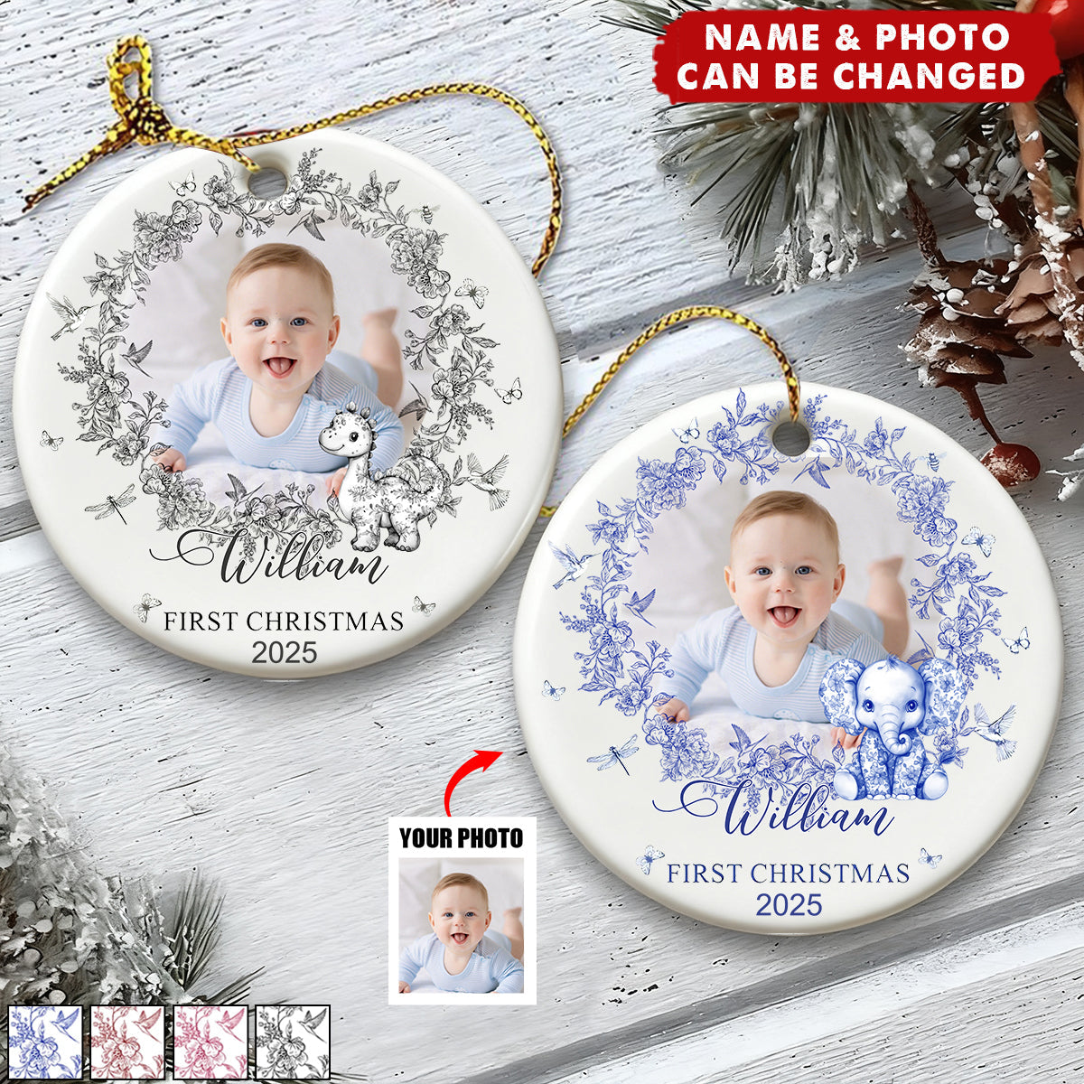 Personalized Baby's First Christmas Ornament With Photo Name & Year Toile De Jouy Design Timeless Gift For Baby Girl & Boy