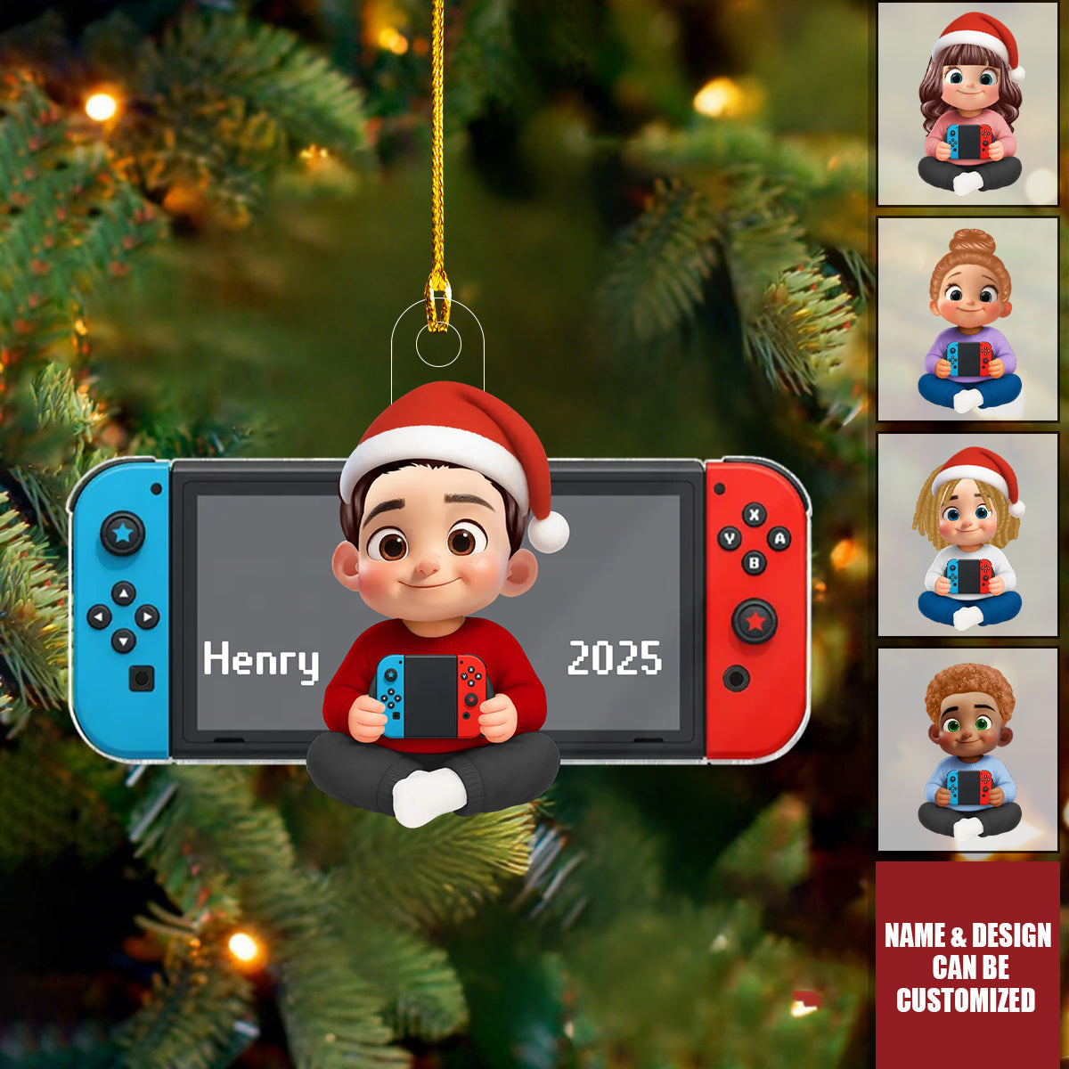 Personalized Gamer Ornament With Santa Hat Name & Icon Perfect Christmas Gifts For Kids