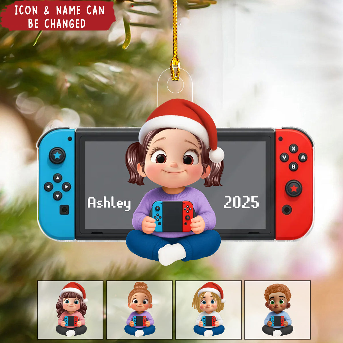 Personalized Gamer Ornament With Santa Hat Name & Icon Perfect Christmas Gifts For Kids