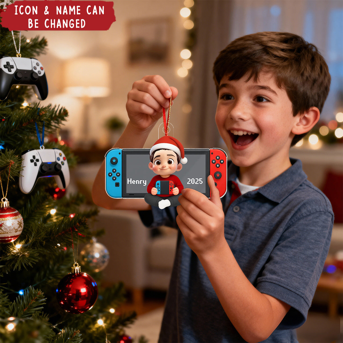 Personalized Gamer Ornament With Santa Hat Name & Icon Perfect Christmas Gifts For Kids