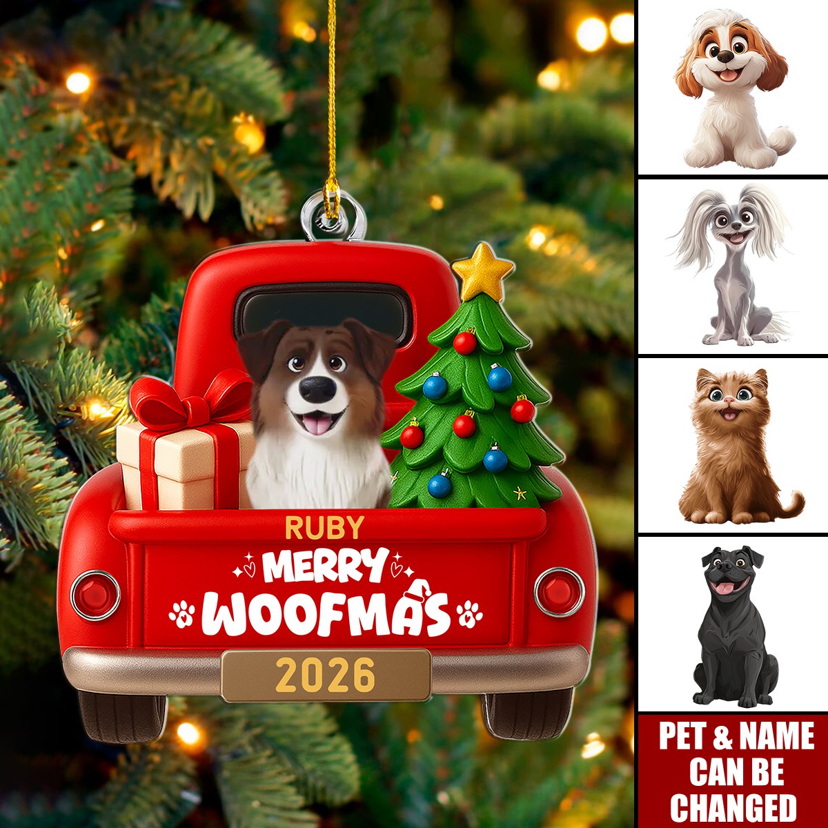 Personalized Cute Pets Riding In Red Trucks Ornament With 1-5 Names & Design Merry Christmas Gift For Pet Lovers
