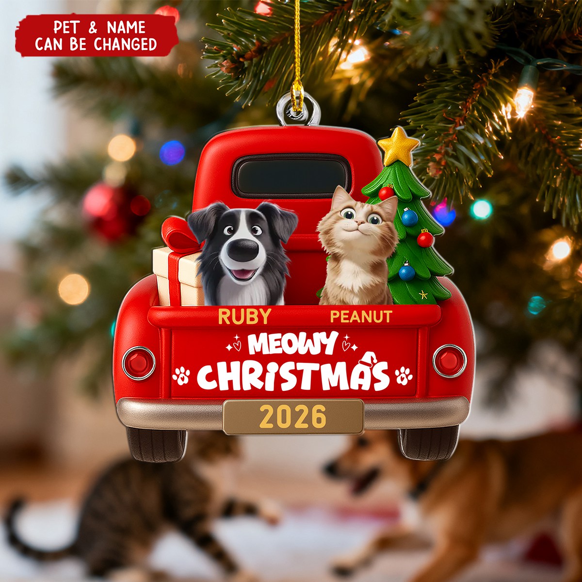 Personalized Cute Pets Riding In Red Trucks Ornament With 1-5 Names & Design Merry Christmas Gift For Pet Lovers