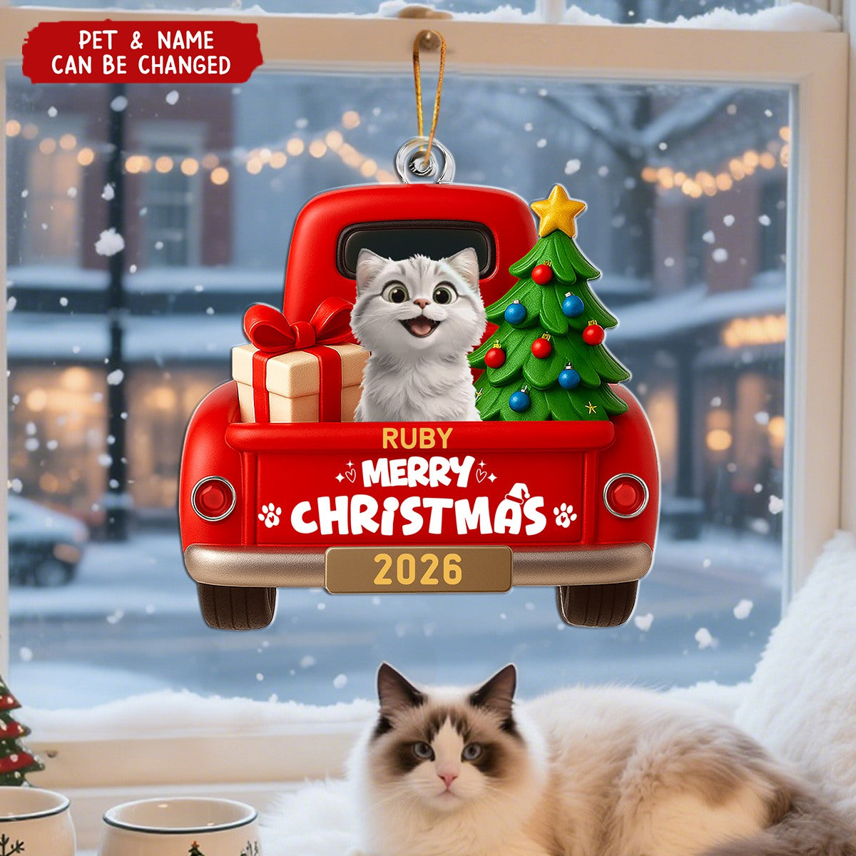 Personalized Cute Pets Riding In Red Trucks Ornament With 1-5 Names & Design Merry Christmas Gift For Pet Lovers