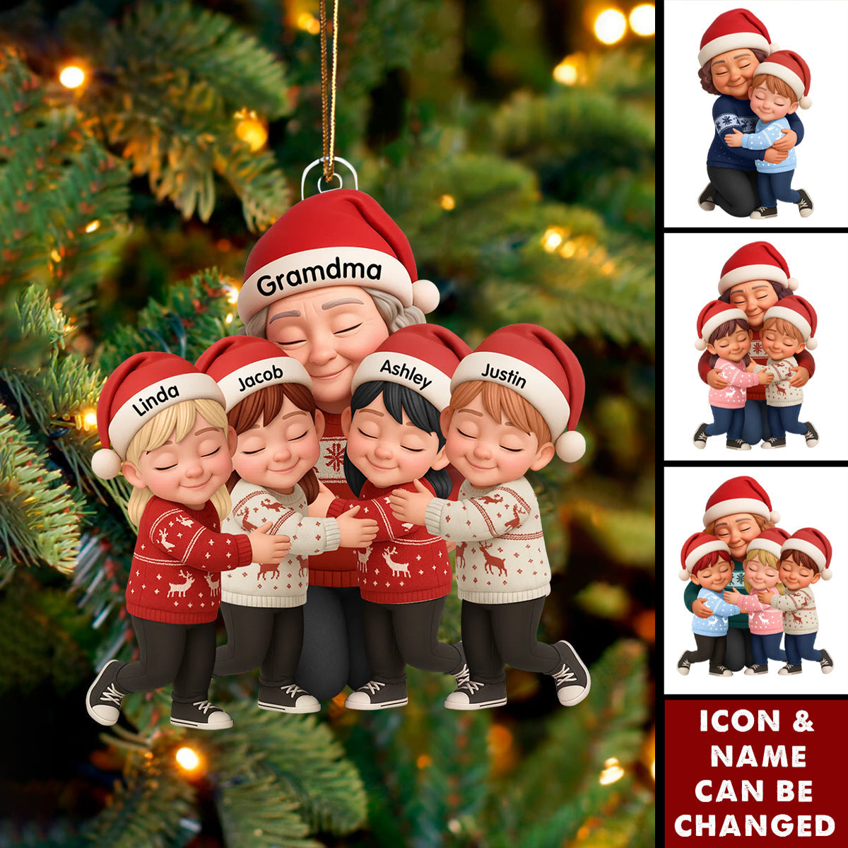 Personalized Grandma Hugging Grandkids Ornament With 1-6 Names & Christmas Sweater Design | Heartfelt Gift For Grandparents Kids