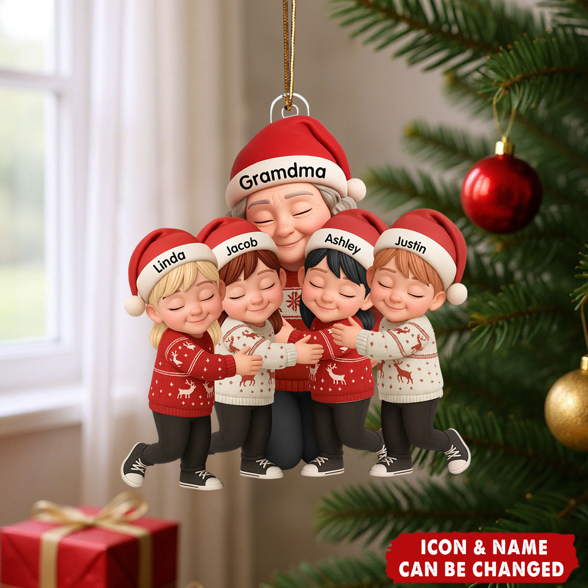Personalized Grandma Hugging Grandkids Ornament With 1-6 Names & Christmas Sweater Design | Heartfelt Gift For Grandparents Kids