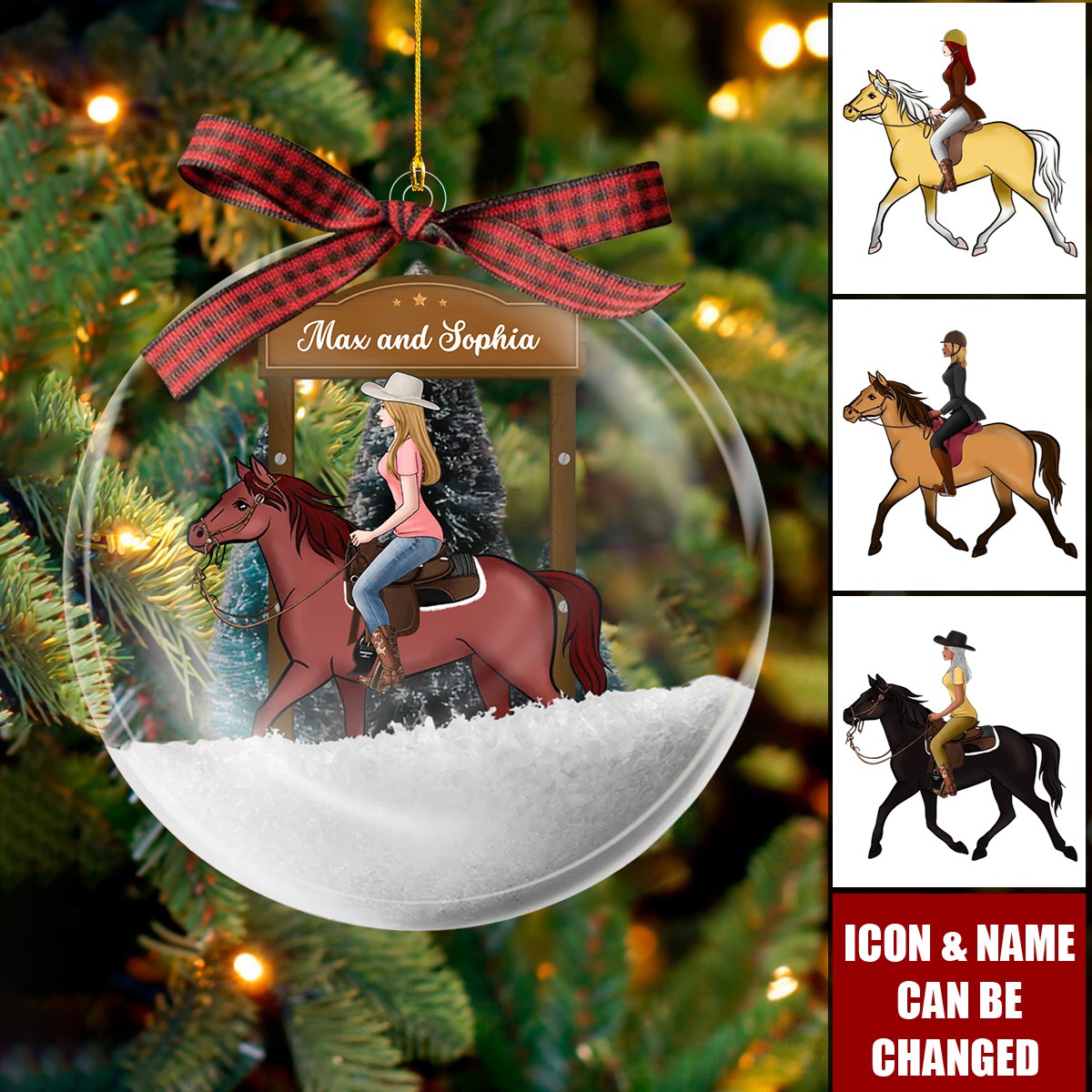 Personalized Girl Riding Horse In Snow Globe Ornament With Icon & Name Best Christmas Gift For Rider Horse Lover