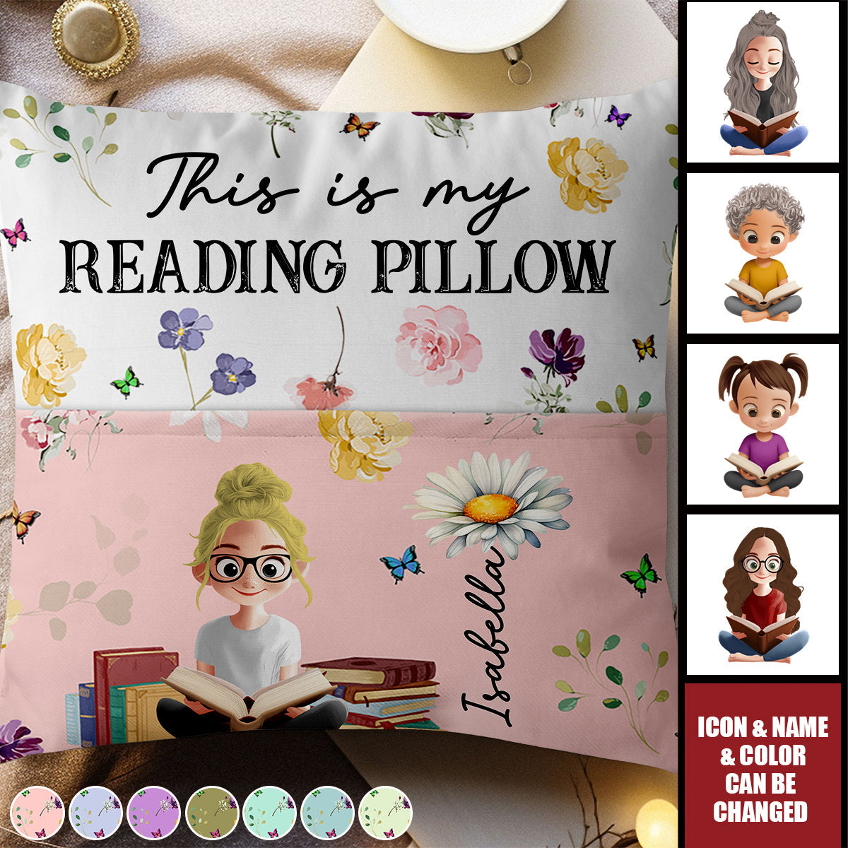Personalized Birth Flower Book Lovers Pocket Pillow With Icon Name & Color Cozy Birthday Gift For Reader Student Friend Sister