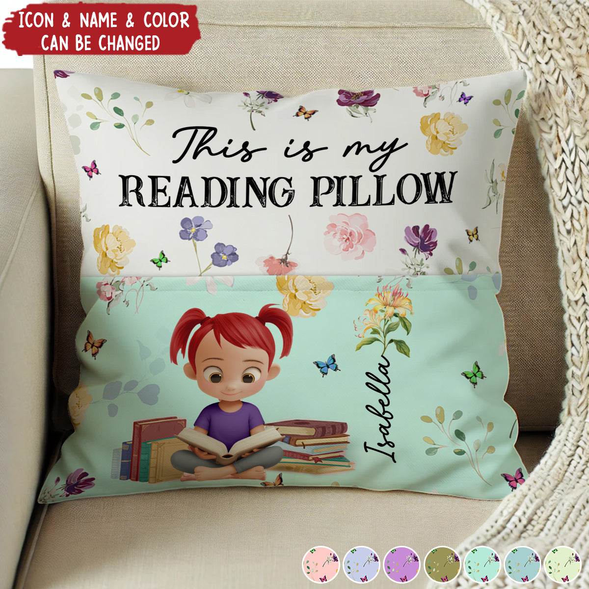 Personalized Birth Flower Book Lovers Pocket Pillow With Icon Name & Color Cozy Birthday Gift For Reader Student Friend Sister