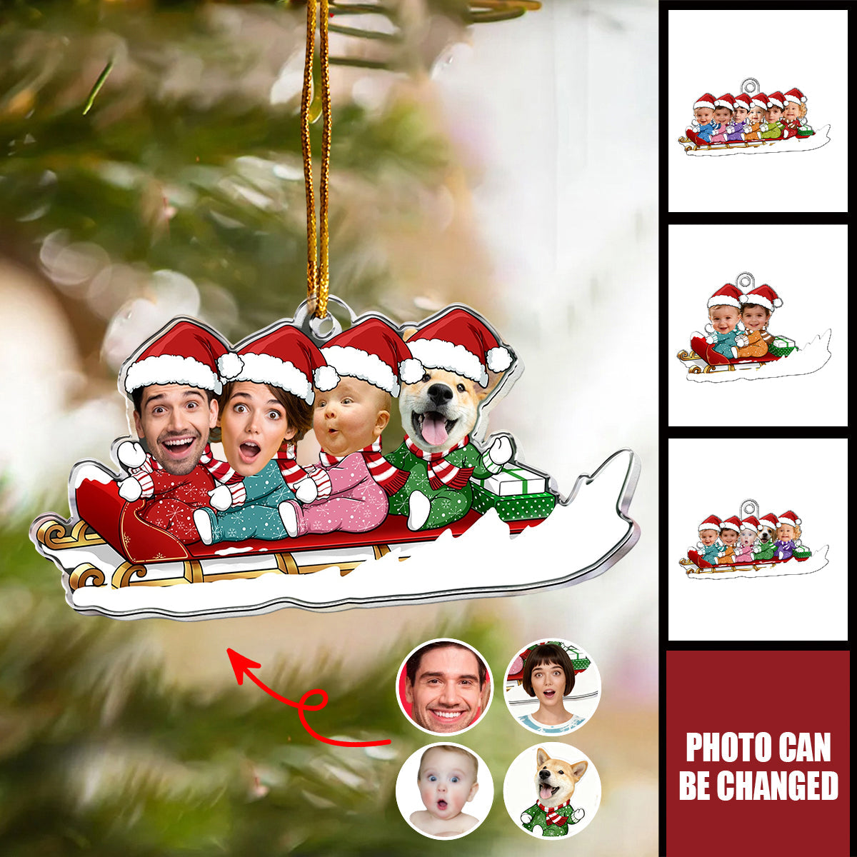Personalized Photo Christmas Sleigh Family Portrait Ornament With 1-6 Names and Santa Hats | Cute Xmas Gift For Siblings Family
