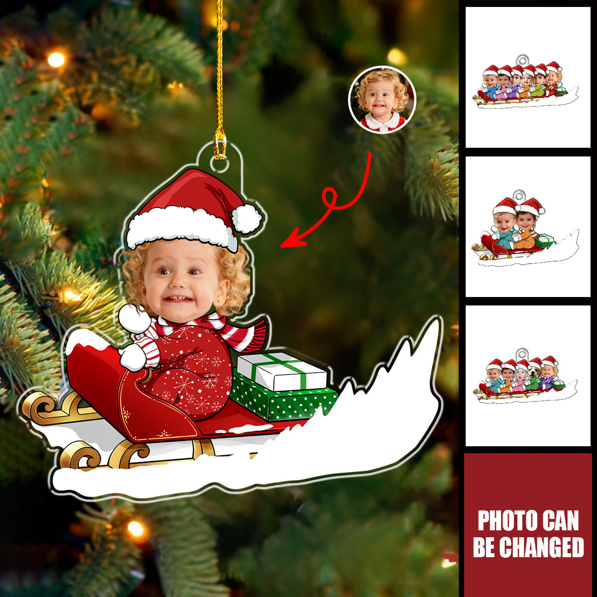 Personalized Photo Christmas Sleigh Family Portrait Ornament With 1-6 Names and Santa Hats | Cute Xmas Gift For Siblings Family