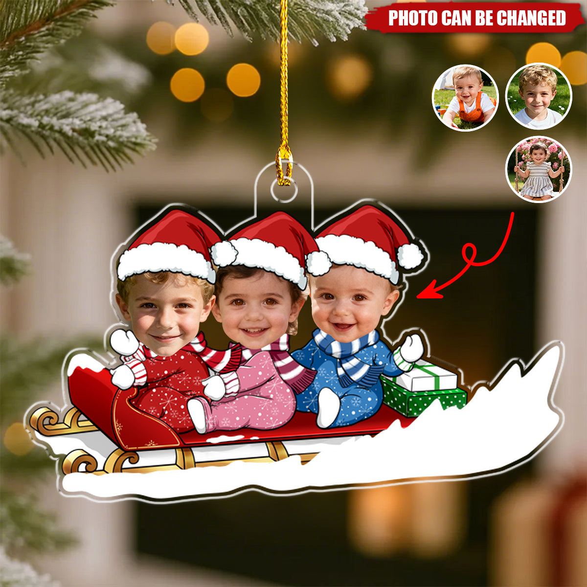 Personalized Photo Christmas Sleigh Family Portrait Ornament With 1-6 Names and Santa Hats | Cute Xmas Gift For Siblings Family