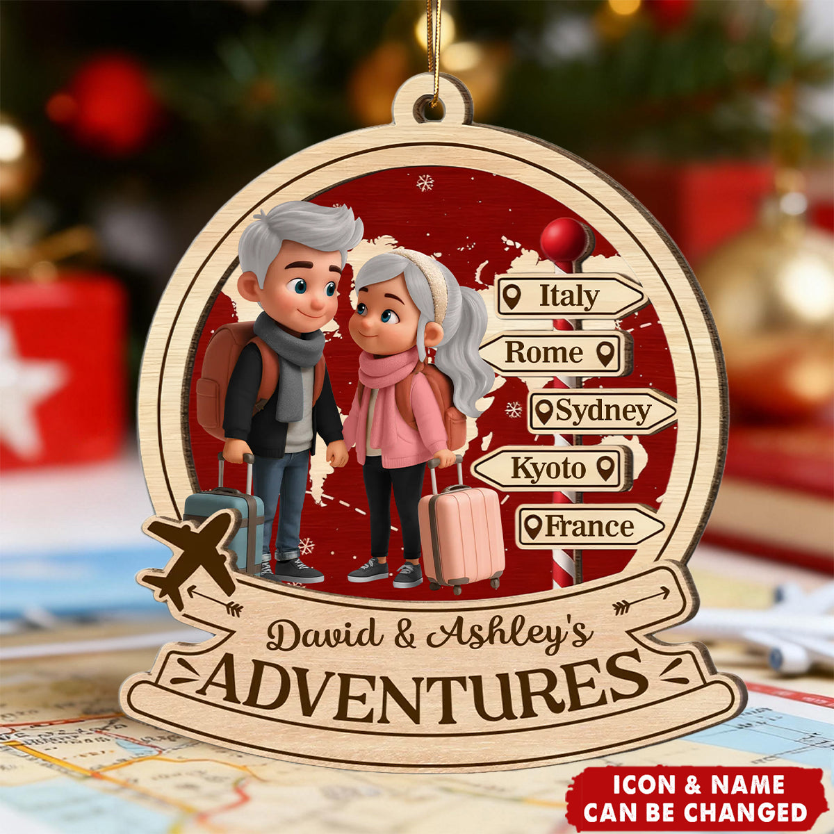 Personalized Couple Travel Ornament With Names Icon & 1-10 Destination Signposts | Best Xmas Gift For Adventure Couple