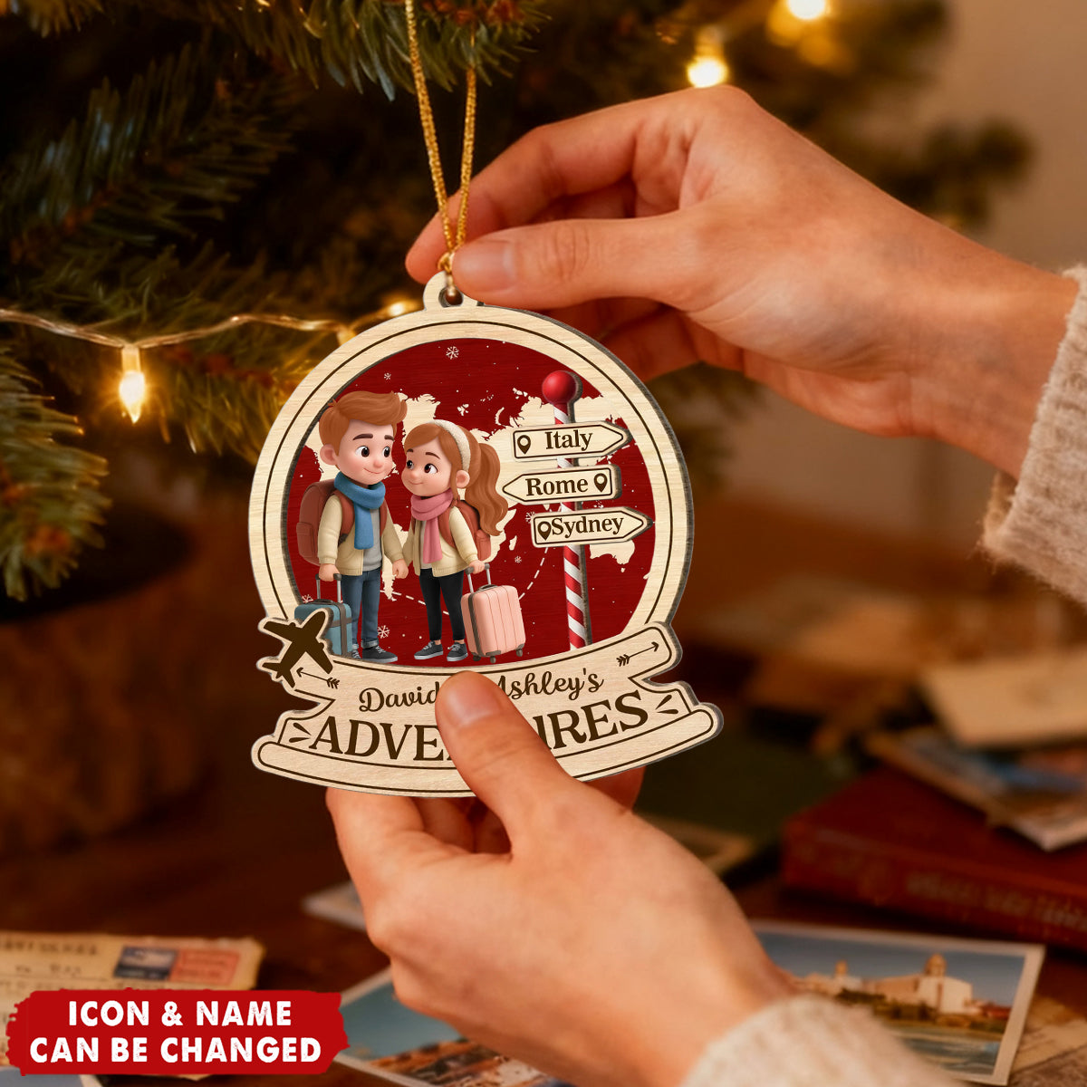 Personalized Couple Travel Ornament With Names Icon & 1-10 Destination Signposts | Best Xmas Gift For Adventure Couple