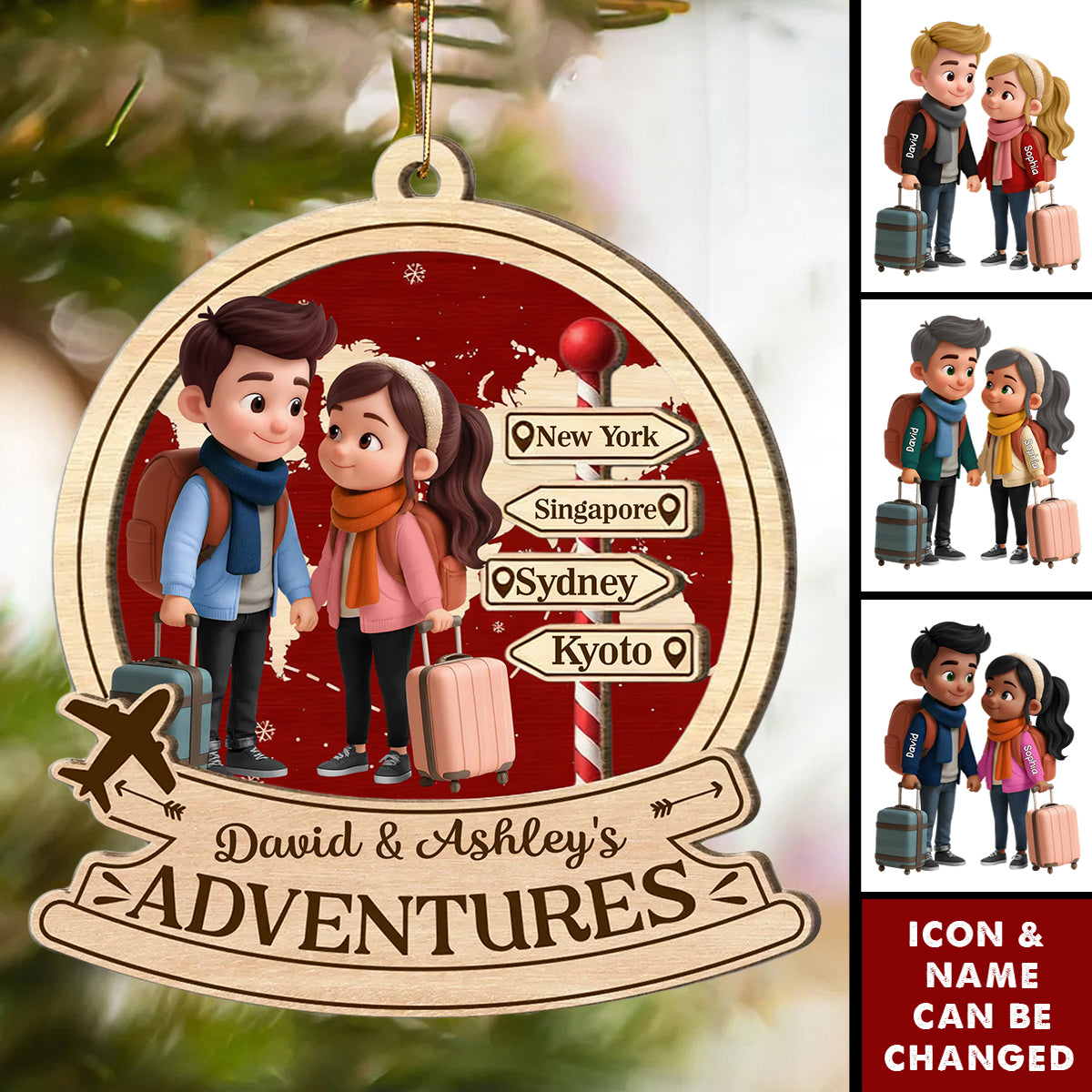 Personalized Couple Travel Ornament With Names Icon & 1-10 Destination Signposts | Best Xmas Gift For Adventure Couple