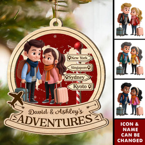 Personalized Couple Travel Ornament With Names Icon & 1-10 Destination Signposts | Best Xmas Gift For Adventure Couple