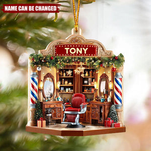 Personalized Barber Shop Ornament With Name - Acrylic Christmas Decor Gift For Stylists & Hairdressers
