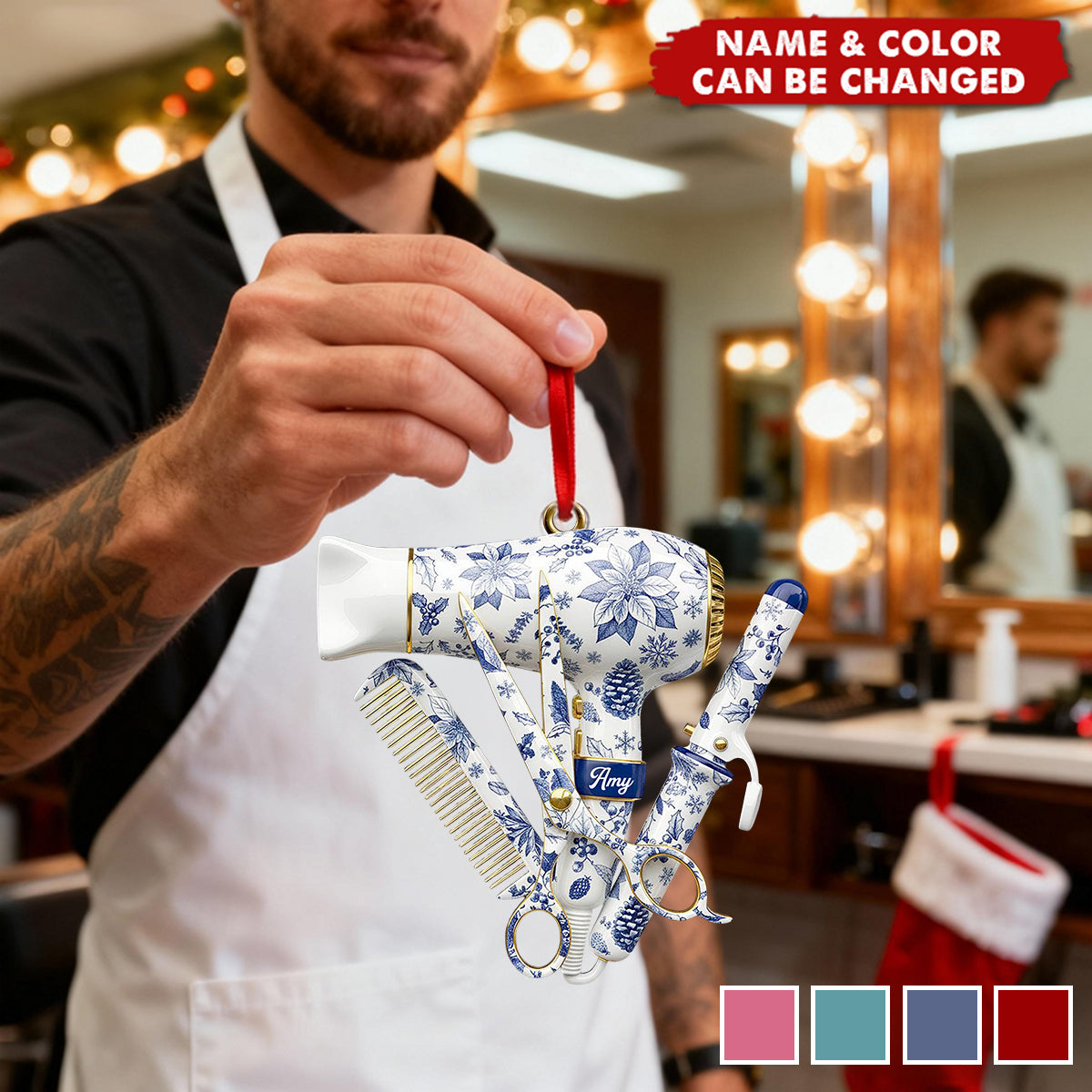 Personalized Hair Stylist Tool Acrylic Christmas Ornament With Name & Color | Xmas Gift For Barber & Hairdresser