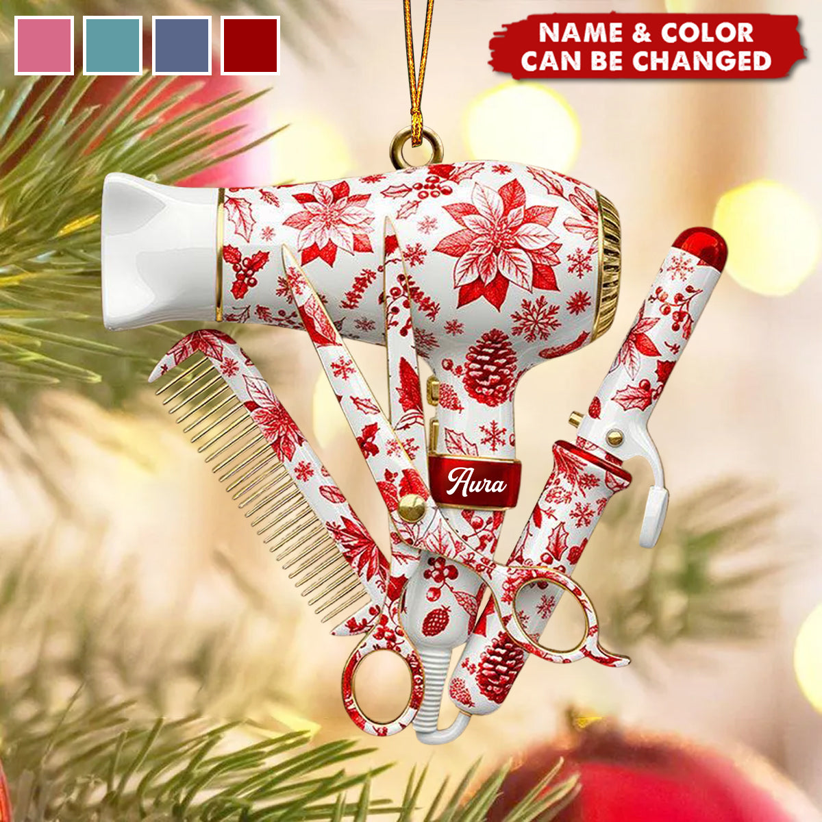 Personalized Hair Stylist Tool Acrylic Christmas Ornament With Name & Color | Xmas Gift For Barber & Hairdresser
