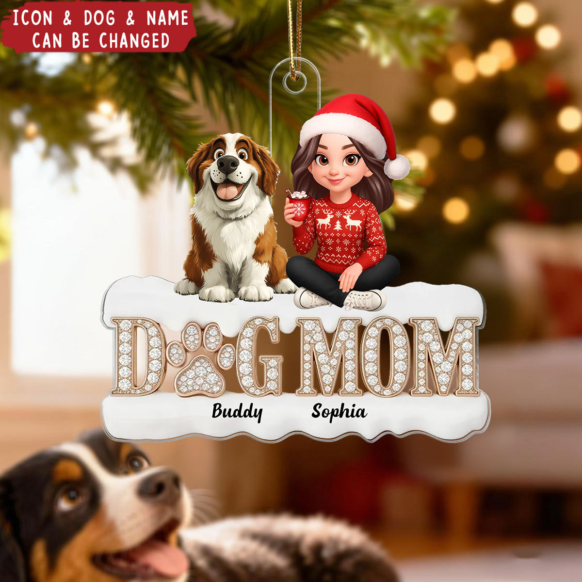 Personalized Dog Mom Christmas Ornament - Custom 1-4 Dog And Mom Name & Character Design |Christmas Gift For Dog Lovers
