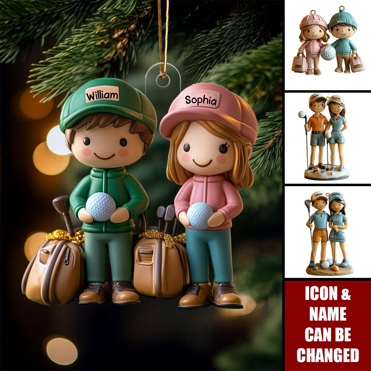 Personalized Golf Couple Christmas Ornament With Names & Icons | Christmas Gift For Couple & Golf Lovers