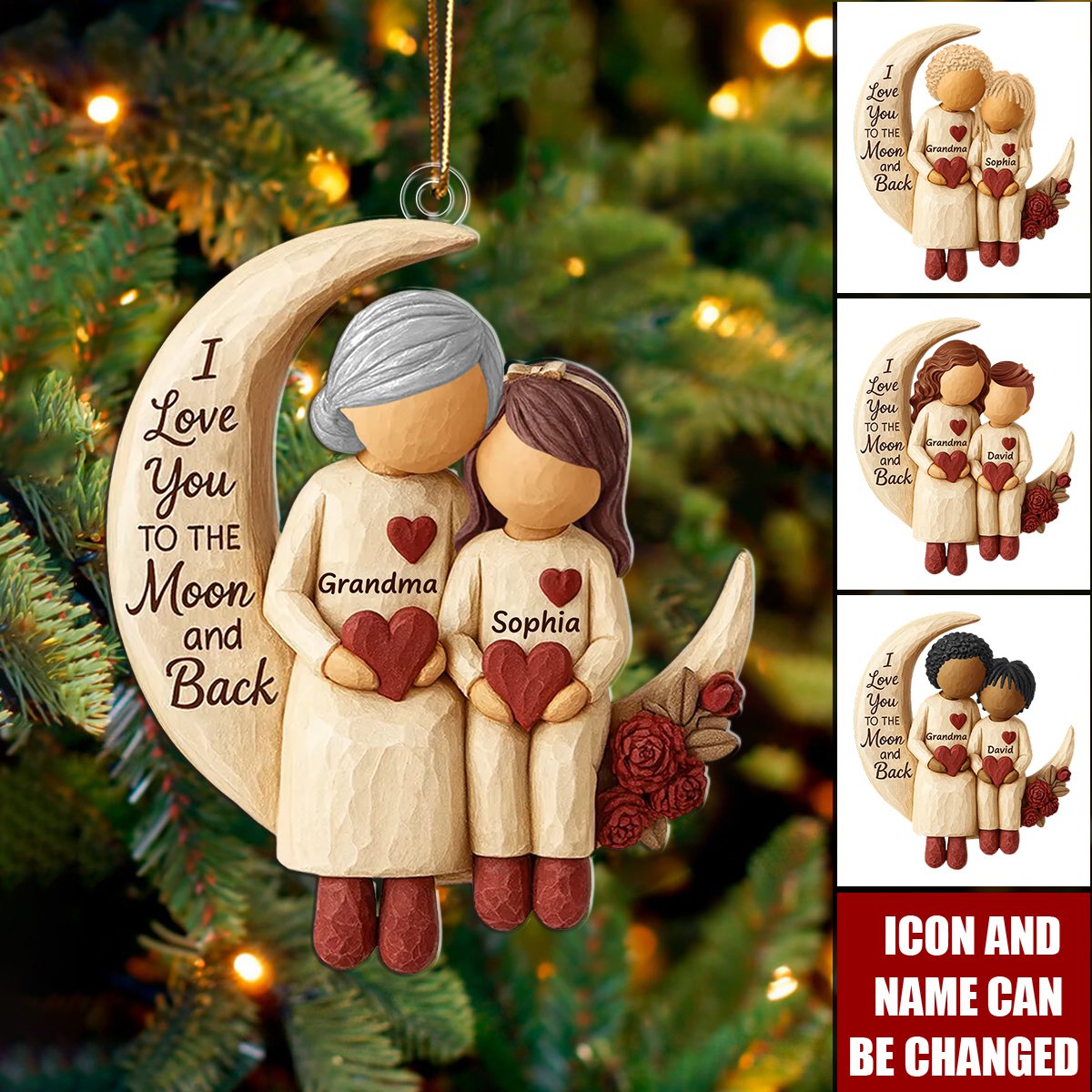 Personalized "Love You to the Moon" Ornament With Grandma & Grandchild Names | Heartfelt Xmas Gift For Nana Granny & Kids