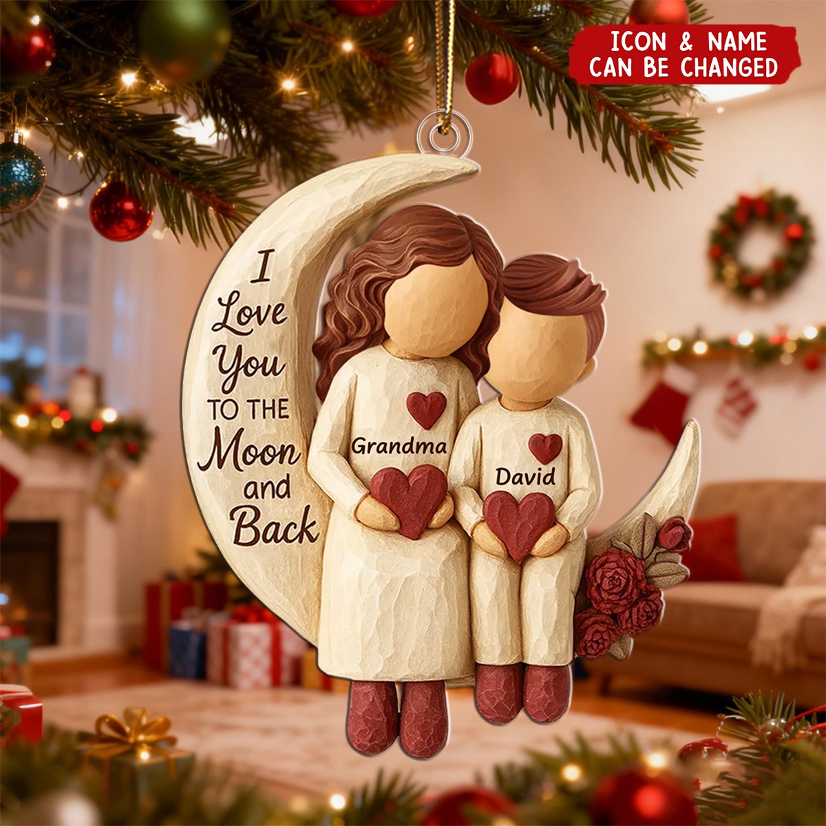 Personalized "Love You to the Moon" Ornament With Grandma & Grandchild Names | Heartfelt Xmas Gift For Nana Granny & Kids