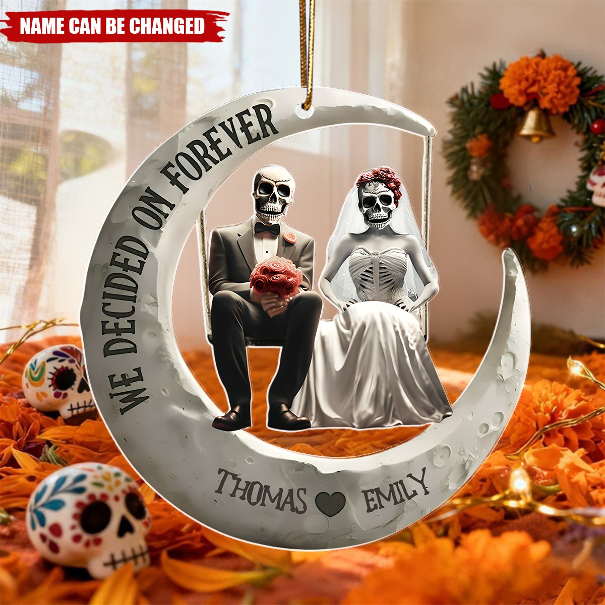 Personalized Spooky Skull Wedding Acrylic Ornament With Names - Xmas Tree Decor | Anniversary Gift For Gothic Couple