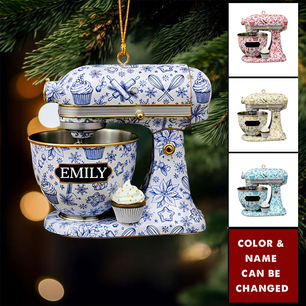 Personalized Mixer Christmas Toile De Jouy Ornament With Name & Color | Kitchen Decor | Christmas Gift For Baker Chef