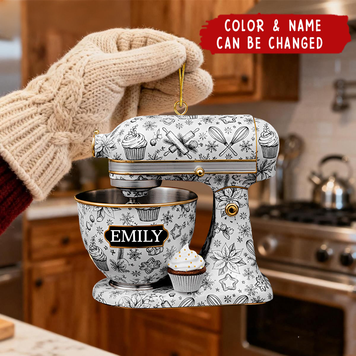 Personalized Mixer Christmas Toile De Jouy Ornament With Name & Color | Kitchen Decor | Christmas Gift For Baker Chef