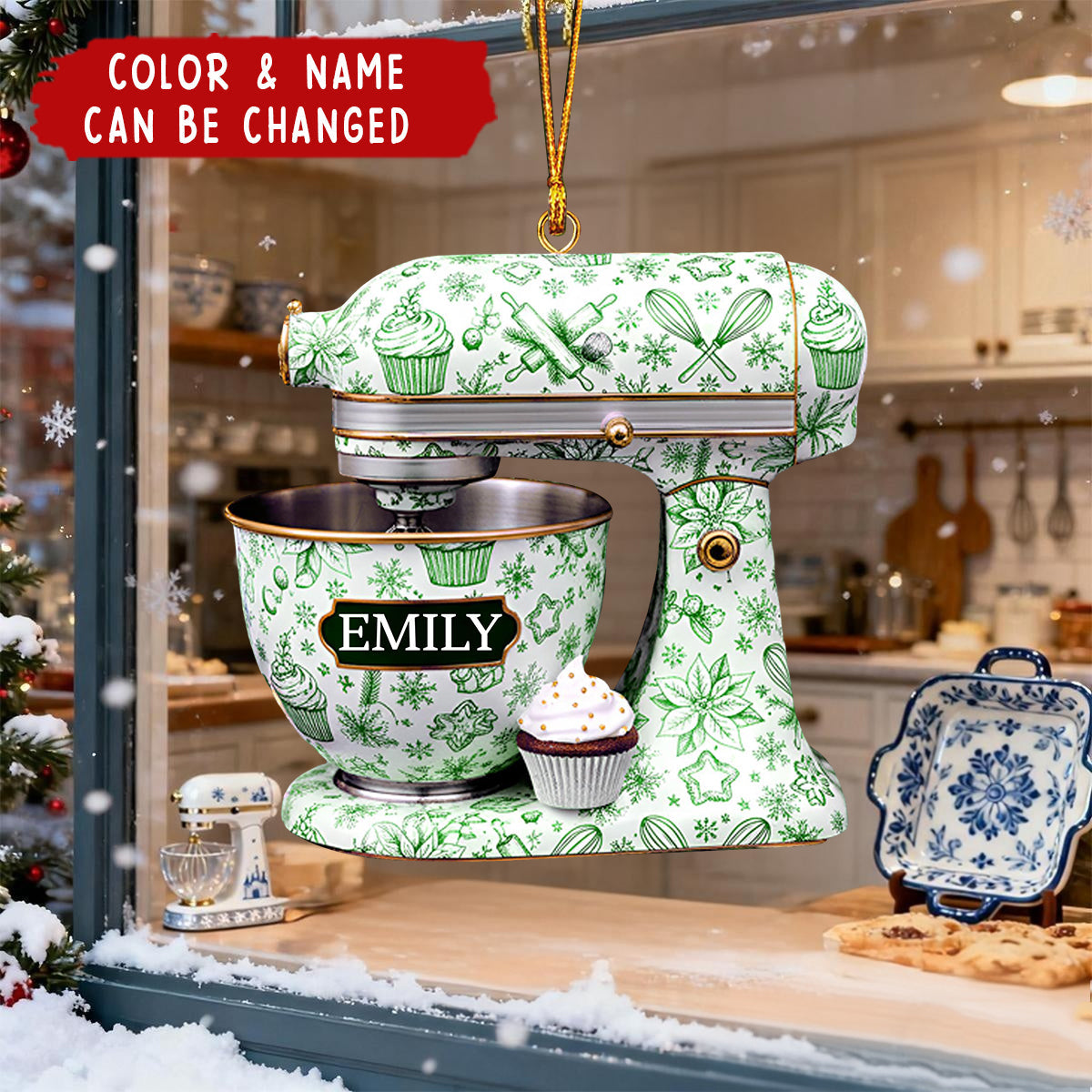 Personalized Mixer Christmas Toile De Jouy Ornament With Name & Color | Kitchen Decor | Christmas Gift For Baker Chef