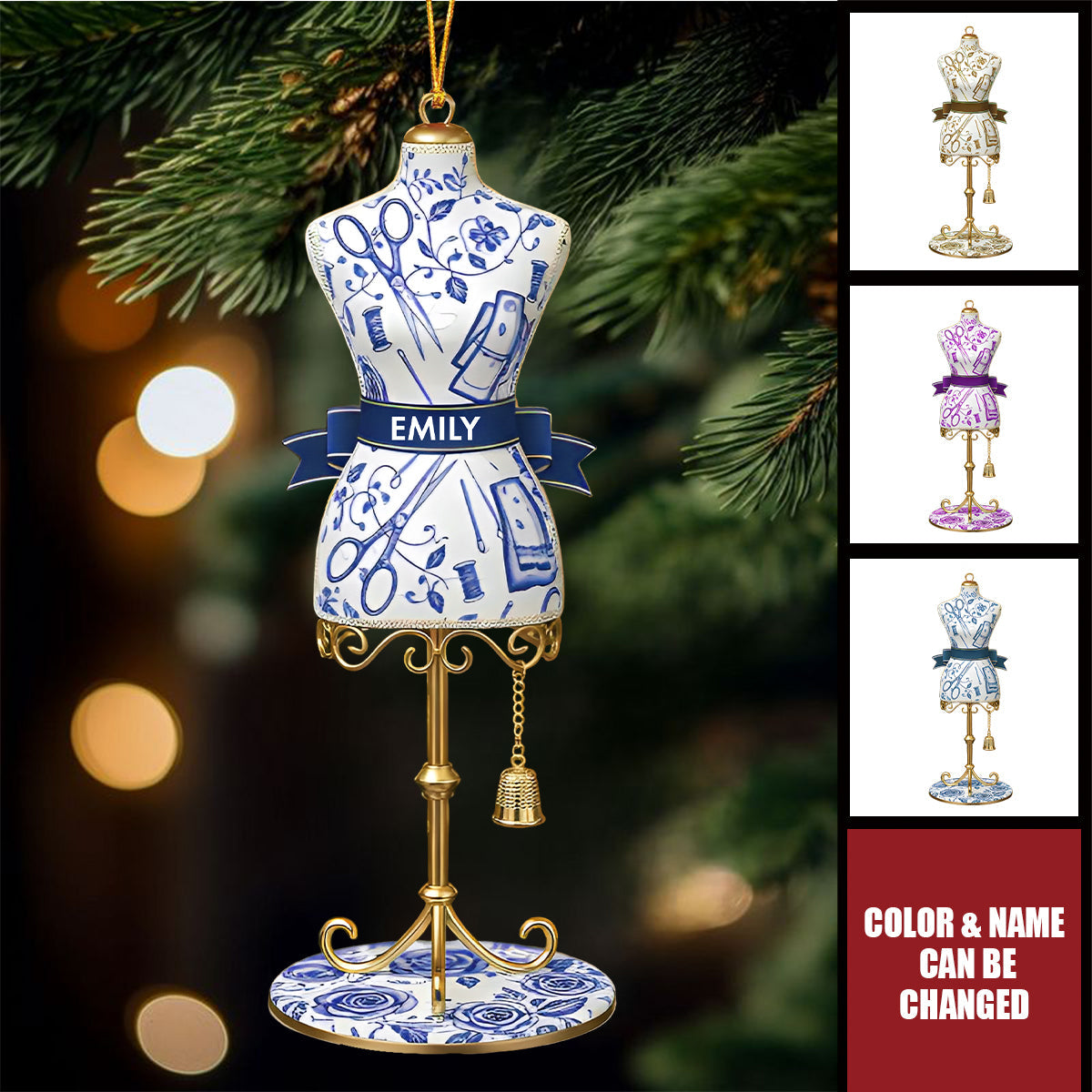 Personalized Dress Form Ornament With Name & Color | Toile De Jouy | Christmas Gift For Seamstress Fashion Designer