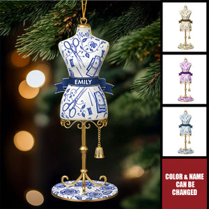 Personalized Dress Form Ornament With Name & Color | Toile De Jouy | Christmas Gift For Seamstress Fashion Designer