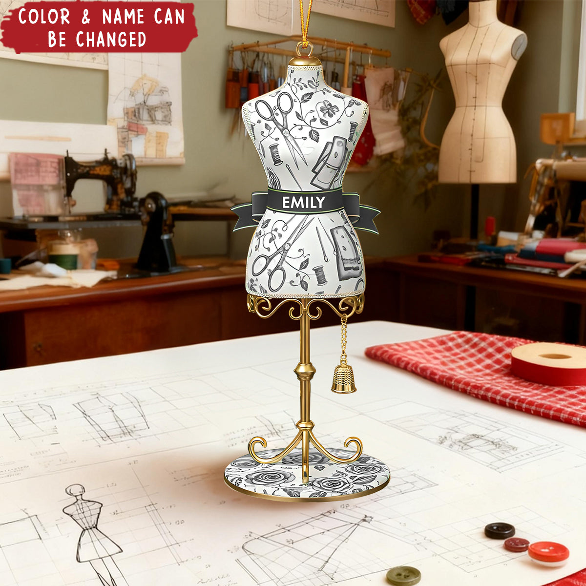 Personalized Dress Form Ornament With Name & Color | Toile De Jouy | Christmas Gift For Seamstress Fashion Designer