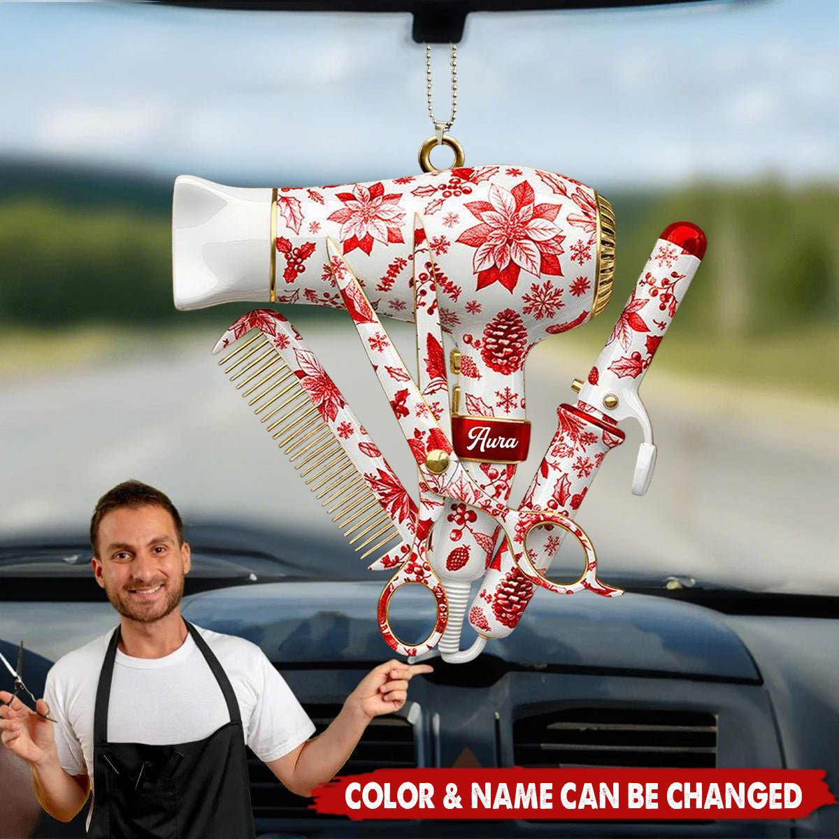 Personalized Blow Dryer & Scissor Toile de Jouy Ornament With Name - Xmas Decor Birthday Gift For Hairdresser & Salon Owner