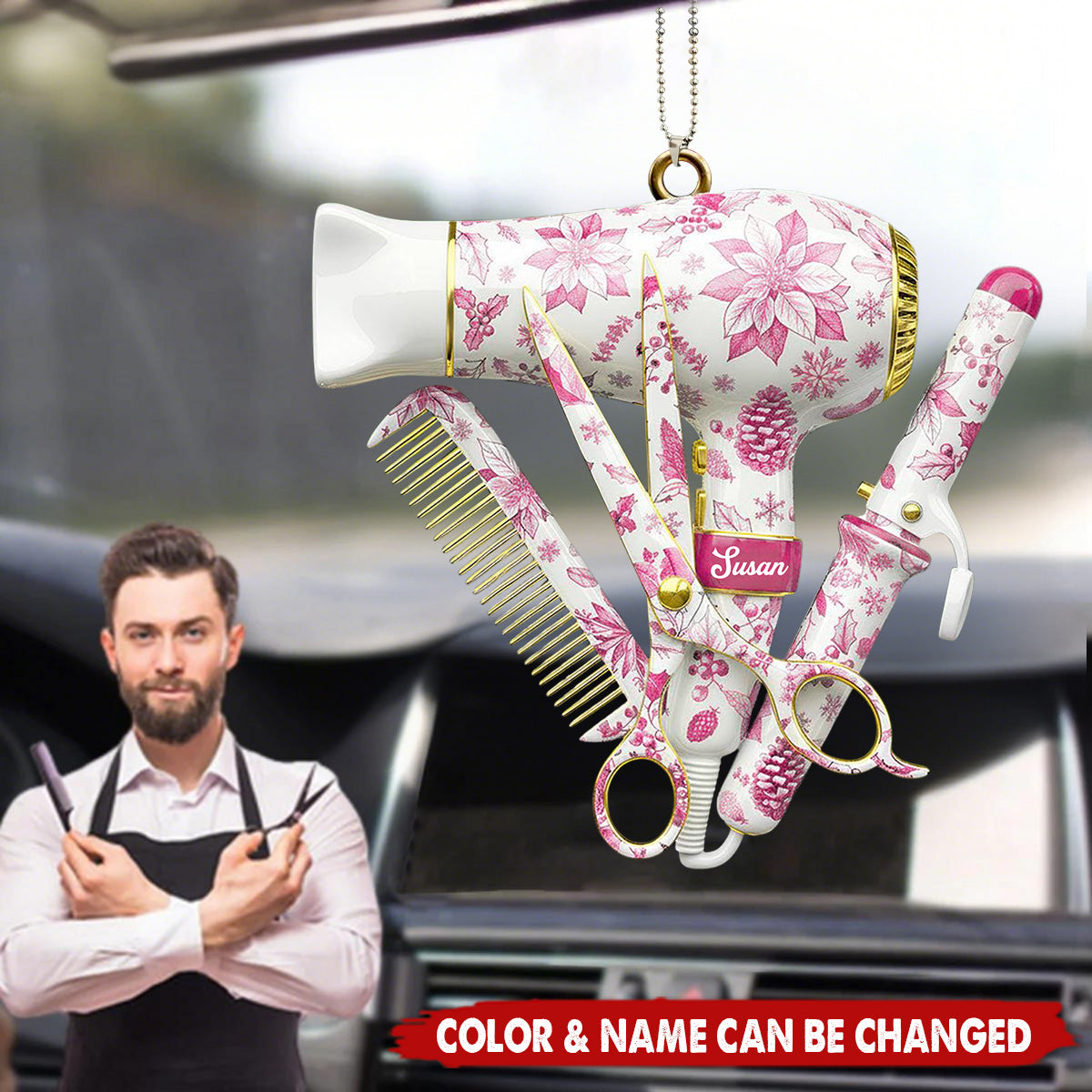 Personalized Blow Dryer & Scissor Toile de Jouy Ornament With Name - Xmas Decor Birthday Gift For Hairdresser & Salon Owner