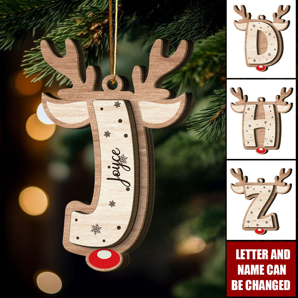 Personalized Christmas Letter Reindeer Wooden Ornament With Name – Xmas Gift For Family kids