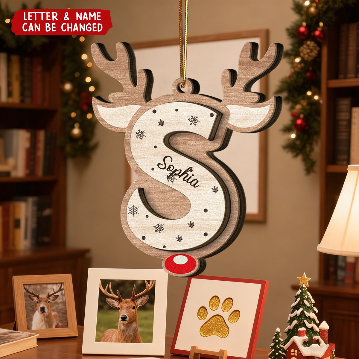 Personalized Christmas Letter Reindeer Wooden Ornament With Name – Xmas Gift For Family kids