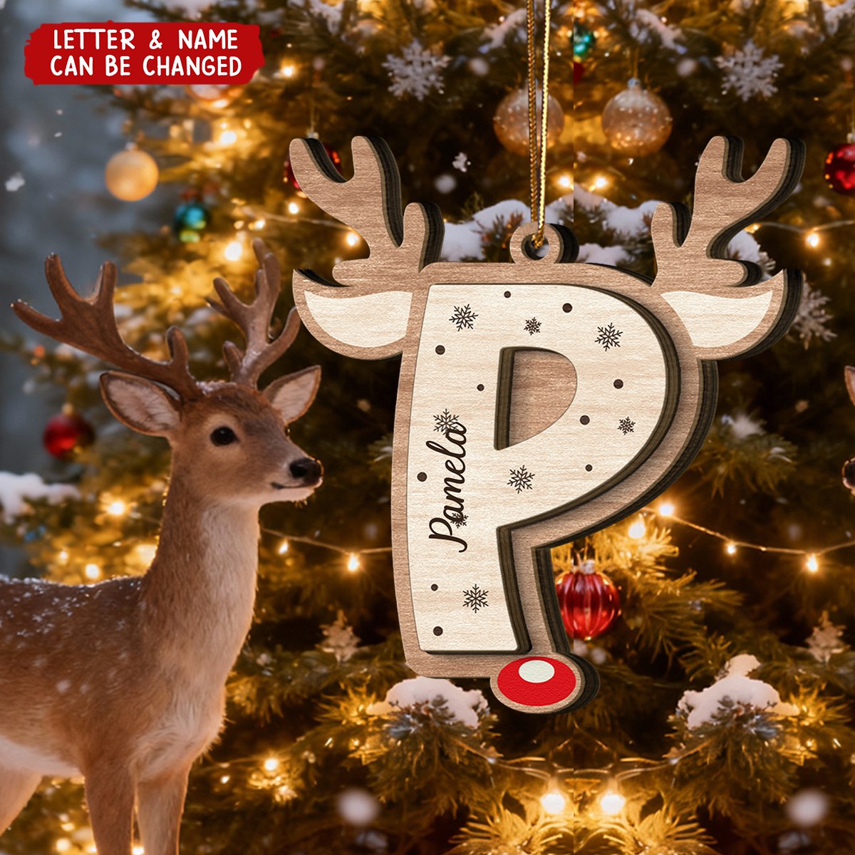 Personalized Christmas Letter Reindeer Wooden Ornament With Name – Xmas Gift For Family kids