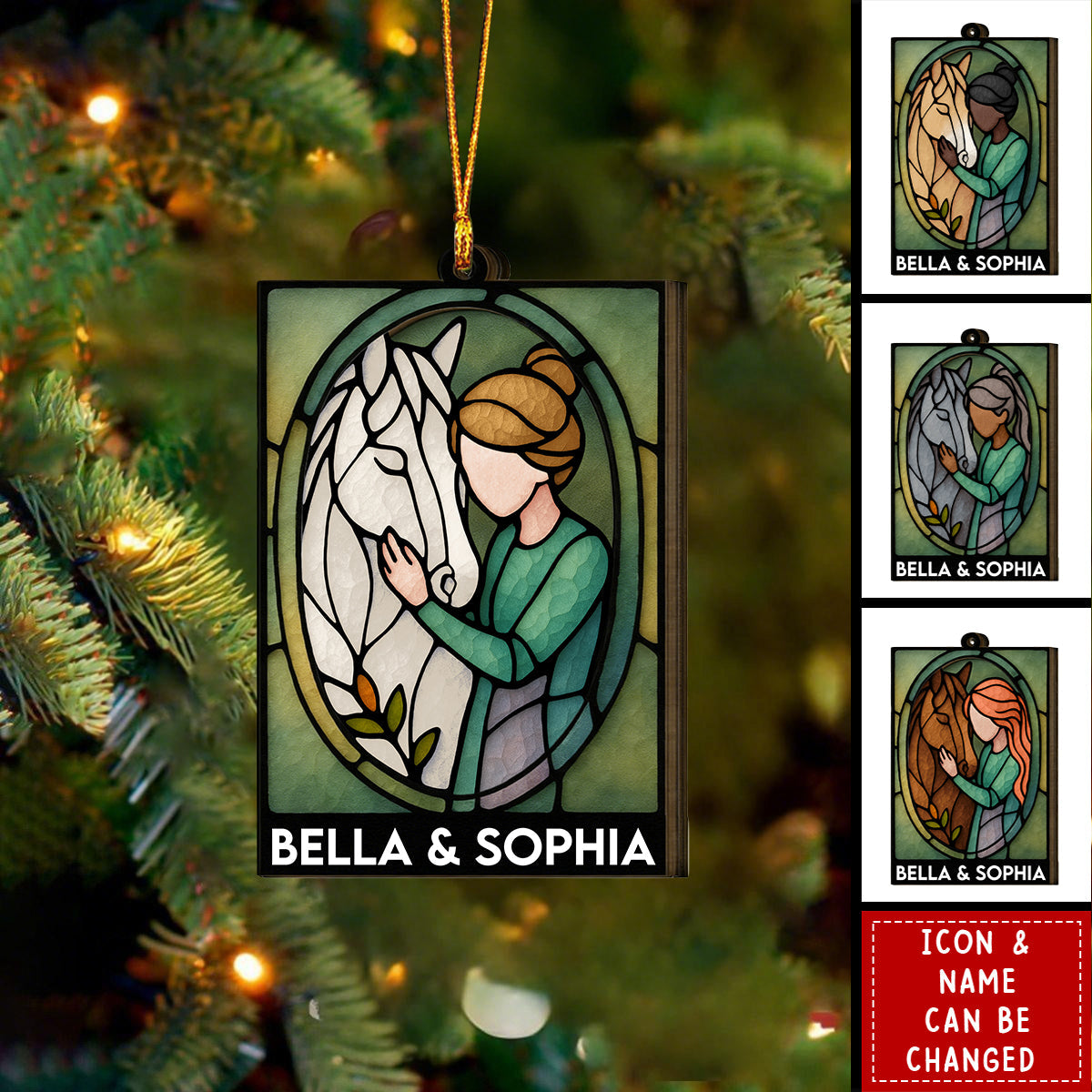 Personalized Horse Riding Girl & Stained Glass Wooden Ornament With Name & Icon Unique Gift For Equestrian Rider & Trainer