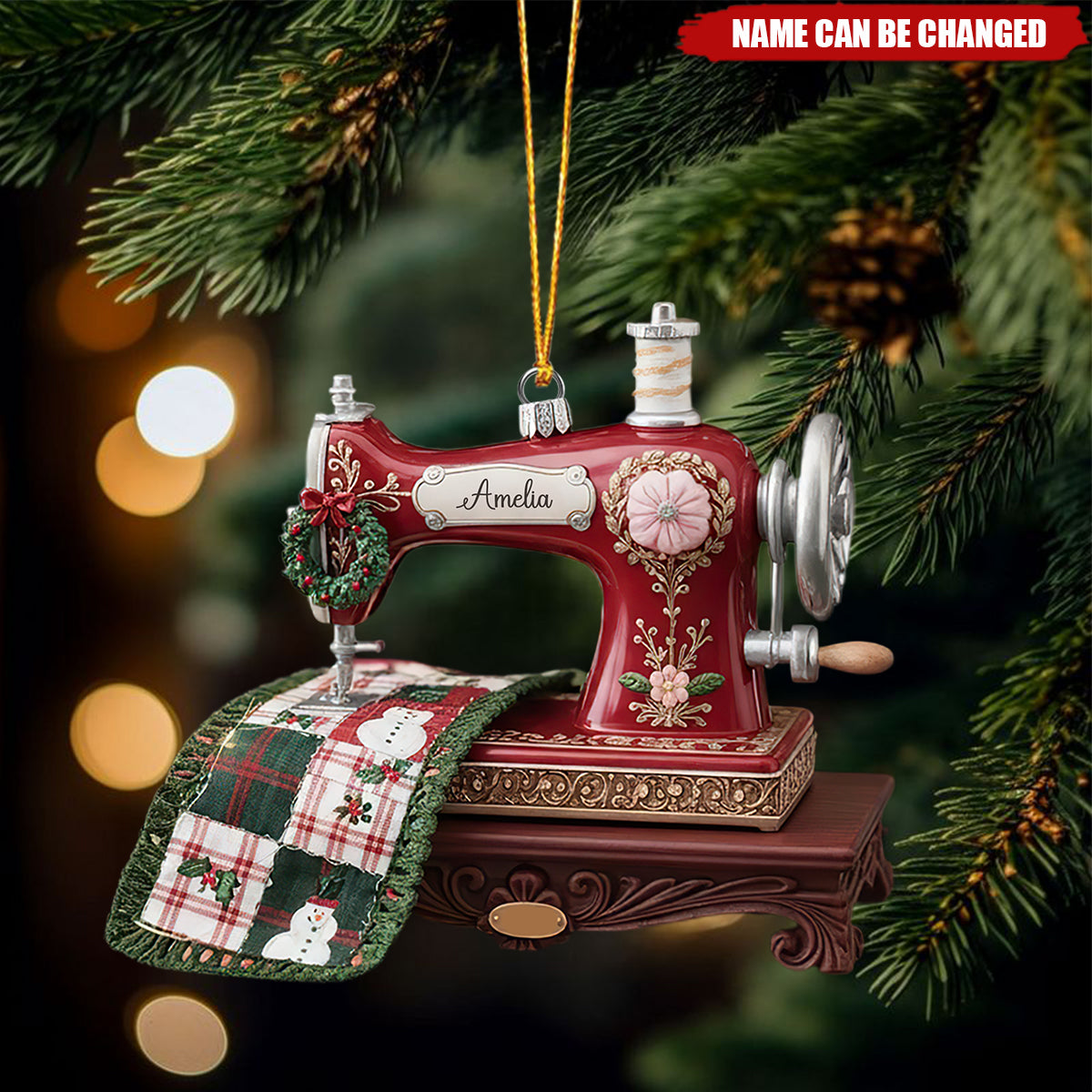 Personalized 3D Effect Miniature Vintage Sewing Machine Acrylic Ornament With Name - Xmas Decor | Keepsake | Birthday Gift For Quilters & Tailors