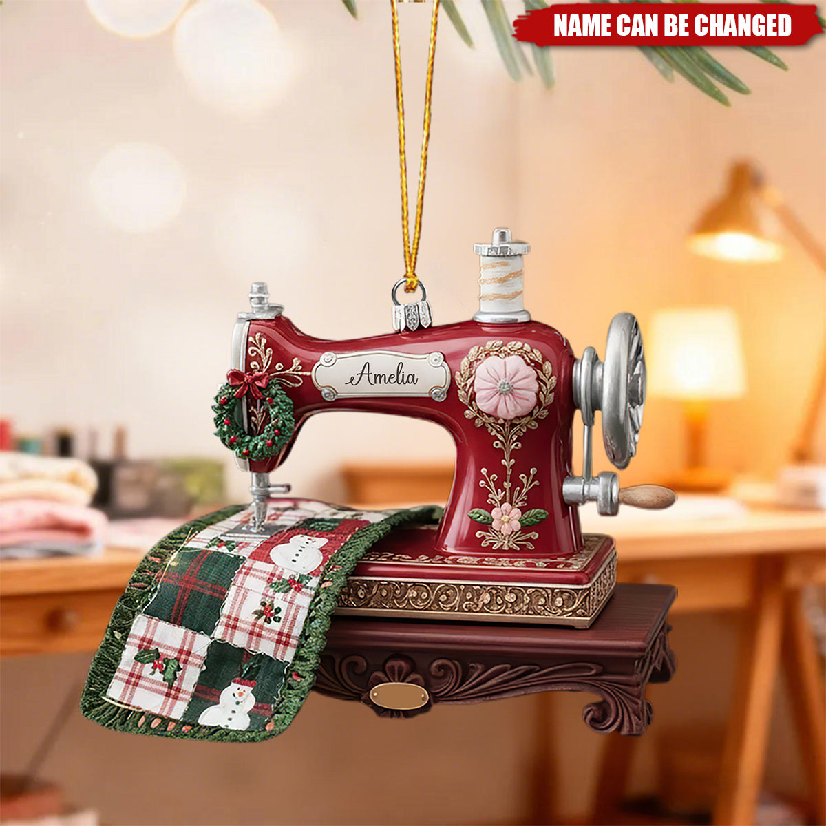 Personalized 3D Effect Miniature Vintage Sewing Machine Acrylic Ornament With Name - Xmas Decor | Keepsake | Birthday Gift For Quilters & Tailors