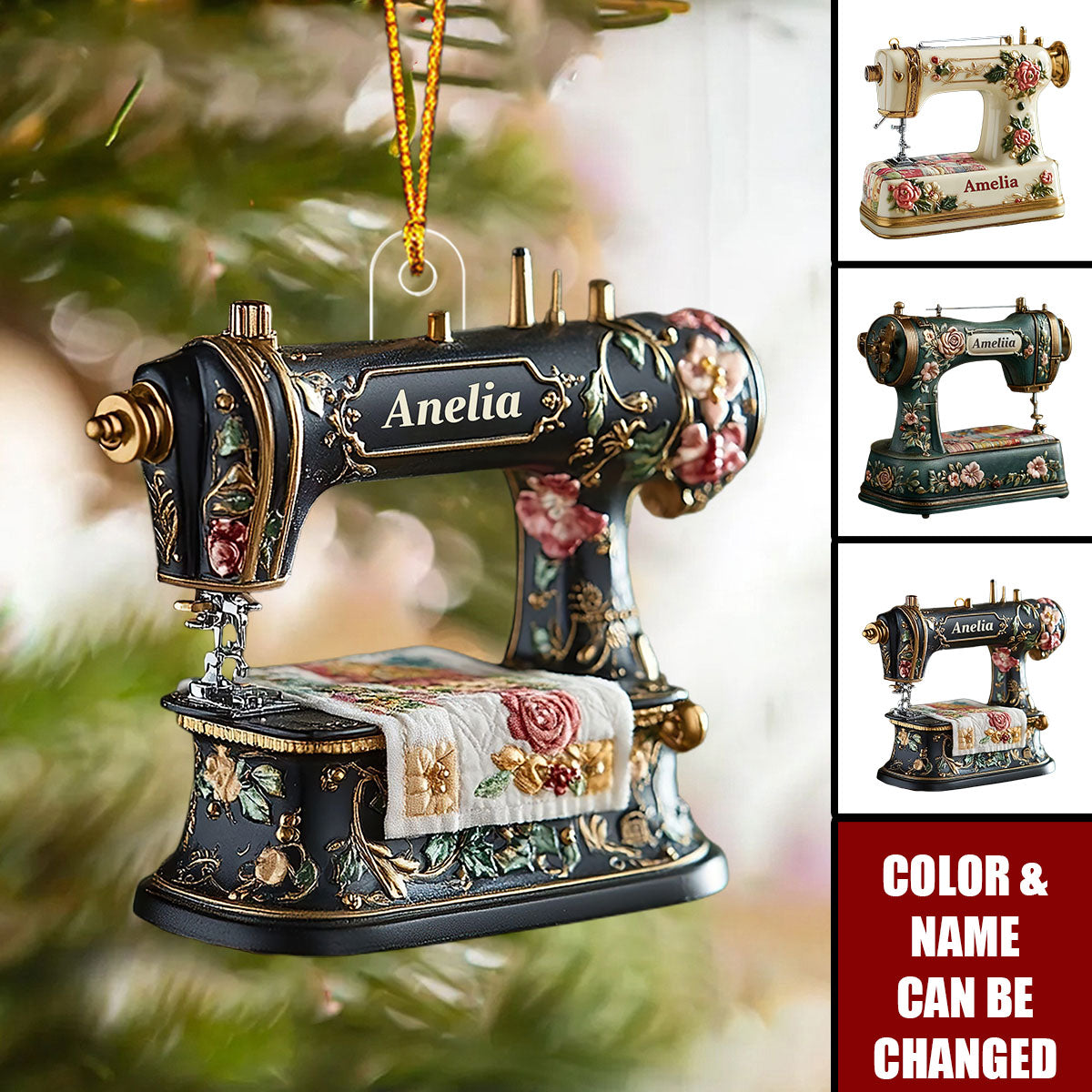 Personalized 3D Effect Vintage Sewing Machine Ornament With Name & Option | Christmas Decor Gift For Quilters And Sewing Lovers