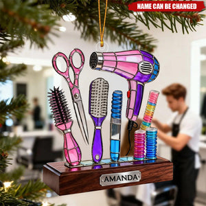 Personalized Stained-Glass Hair Stylist Tool Acrylic Ornament 3D Effect – Birthday Or Holiday Decor For Beauty Professionals & Stylists