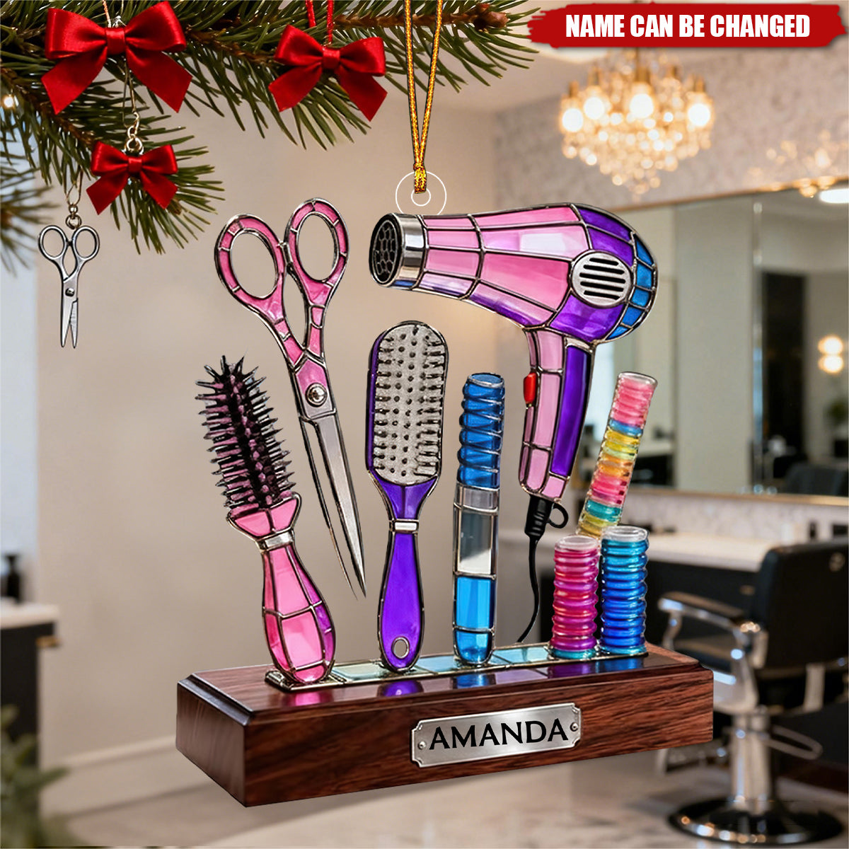 Personalized Stained-Glass Hair Stylist Tool Acrylic Ornament 3D Effect – Birthday Or Holiday Decor For Beauty Professionals & Stylists