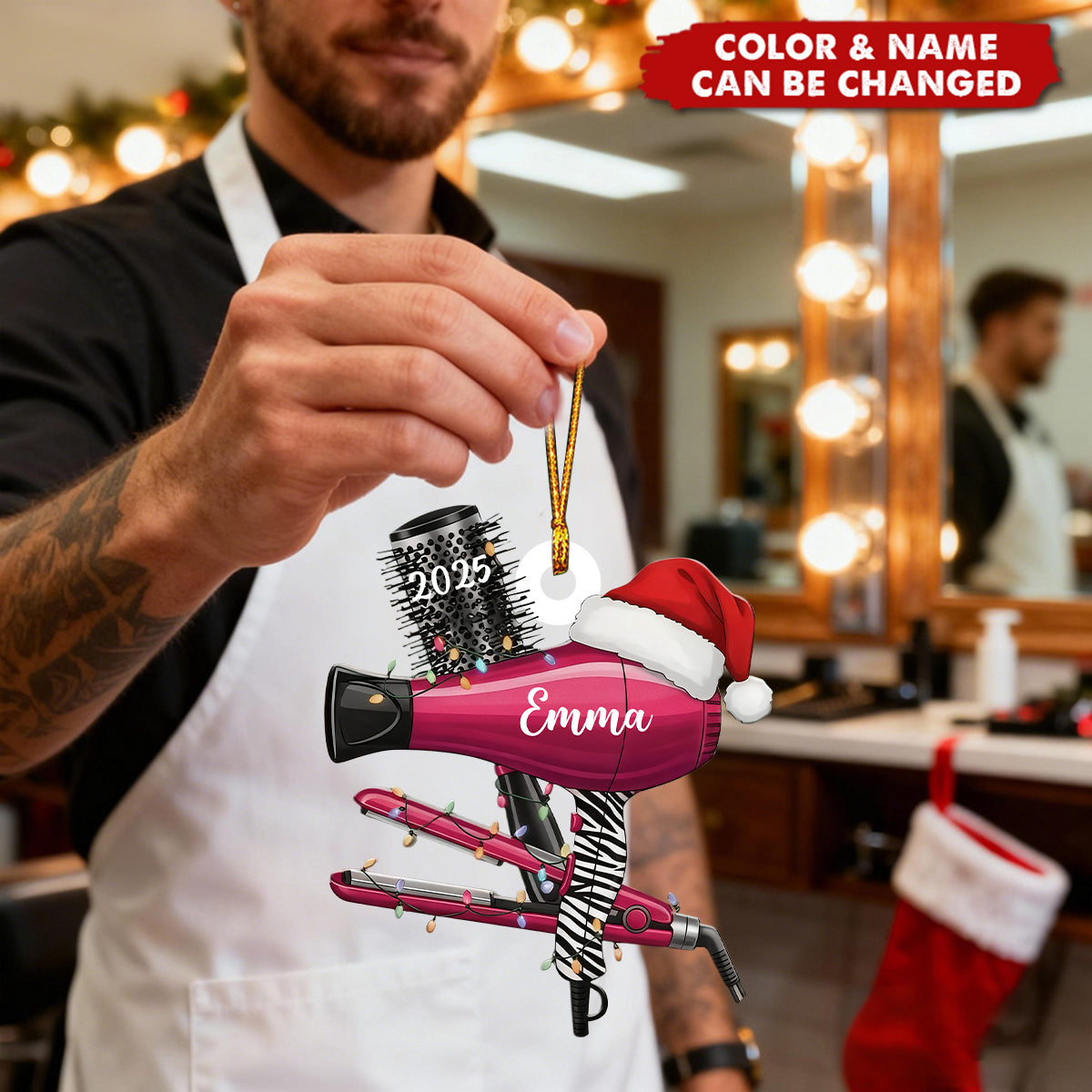 Personalized Hairdresser Tool With Santa Hat Acrylic Ornament With Name & Color - Holiday Decor Xmas Gift For Stylist