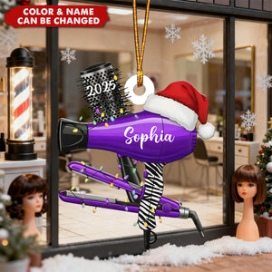 Personalized Hairdresser Tool With Santa Hat Acrylic Ornament With Name & Color - Holiday Decor Xmas Gift For Stylist