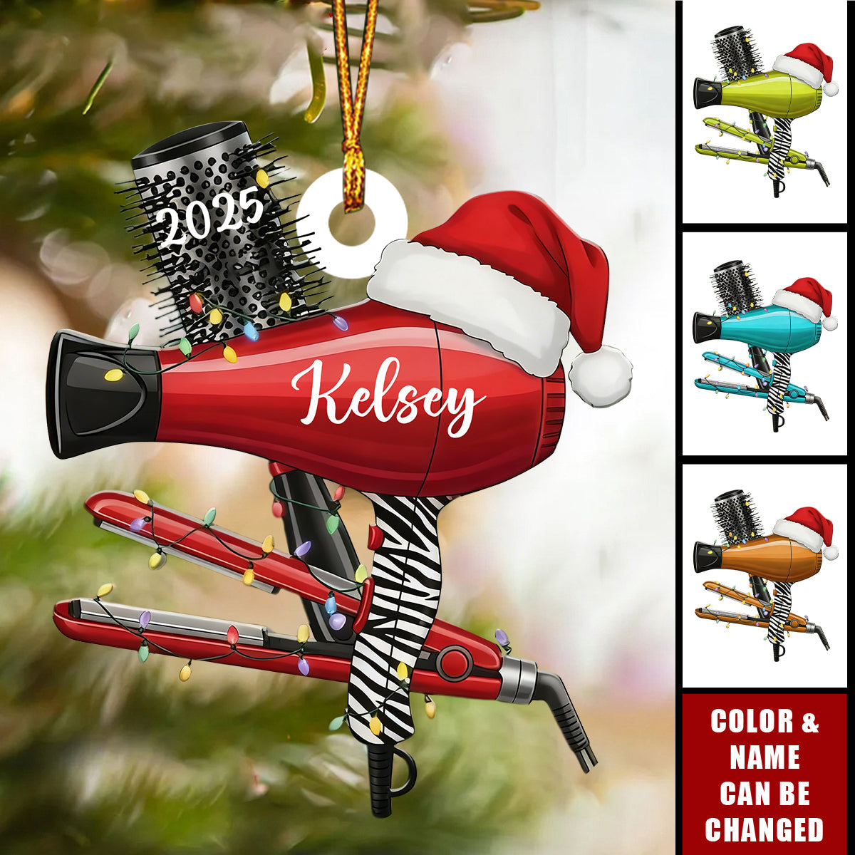 Personalized Hairdresser Tool With Santa Hat Acrylic Ornament With Name & Color - Holiday Decor Xmas Gift For Stylist